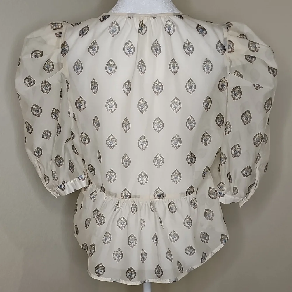 Anthropologie Sheer Puff Sleeve Leaf Print Blouse Women's Medium